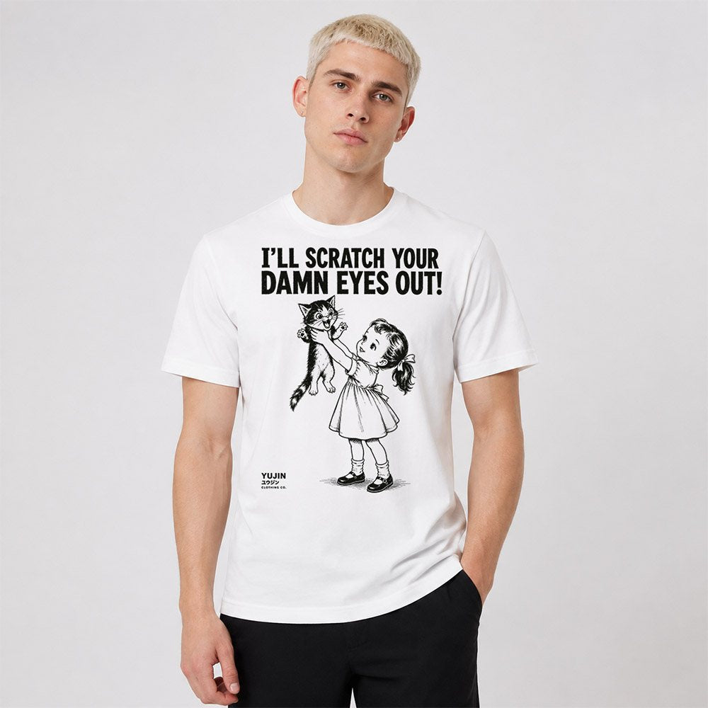Scratch Your Eyes Out Cat T-Shirt — male Lifestyle