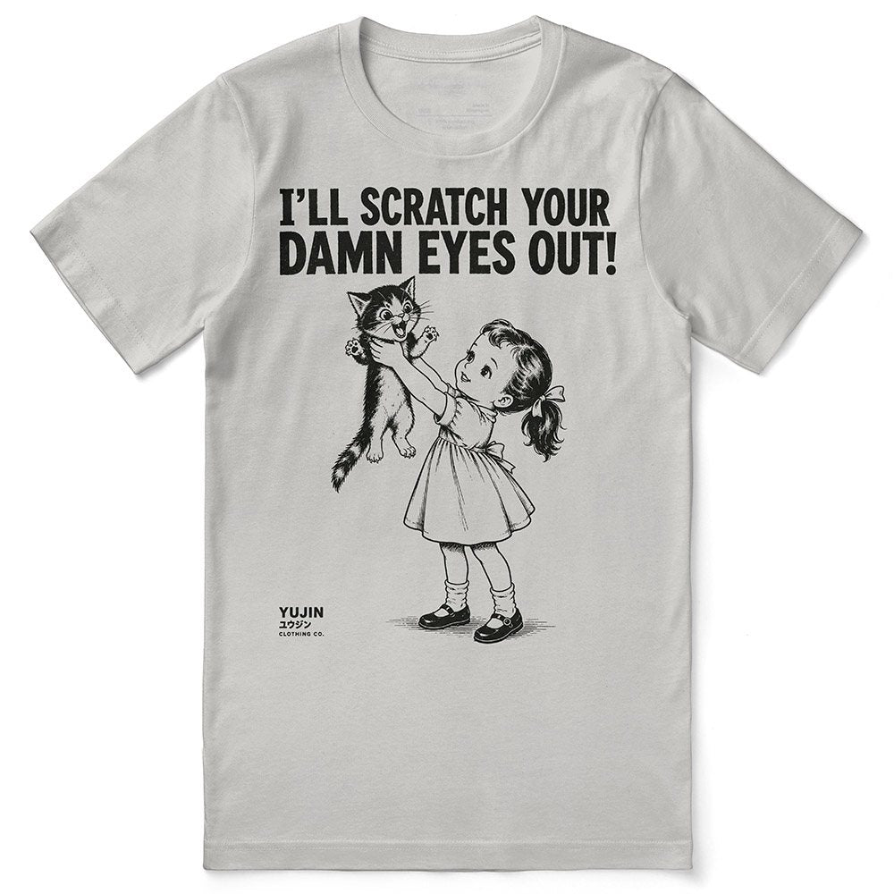 Scratch Your Eyes Out Cat T-Shirt — Silver Flat Lay