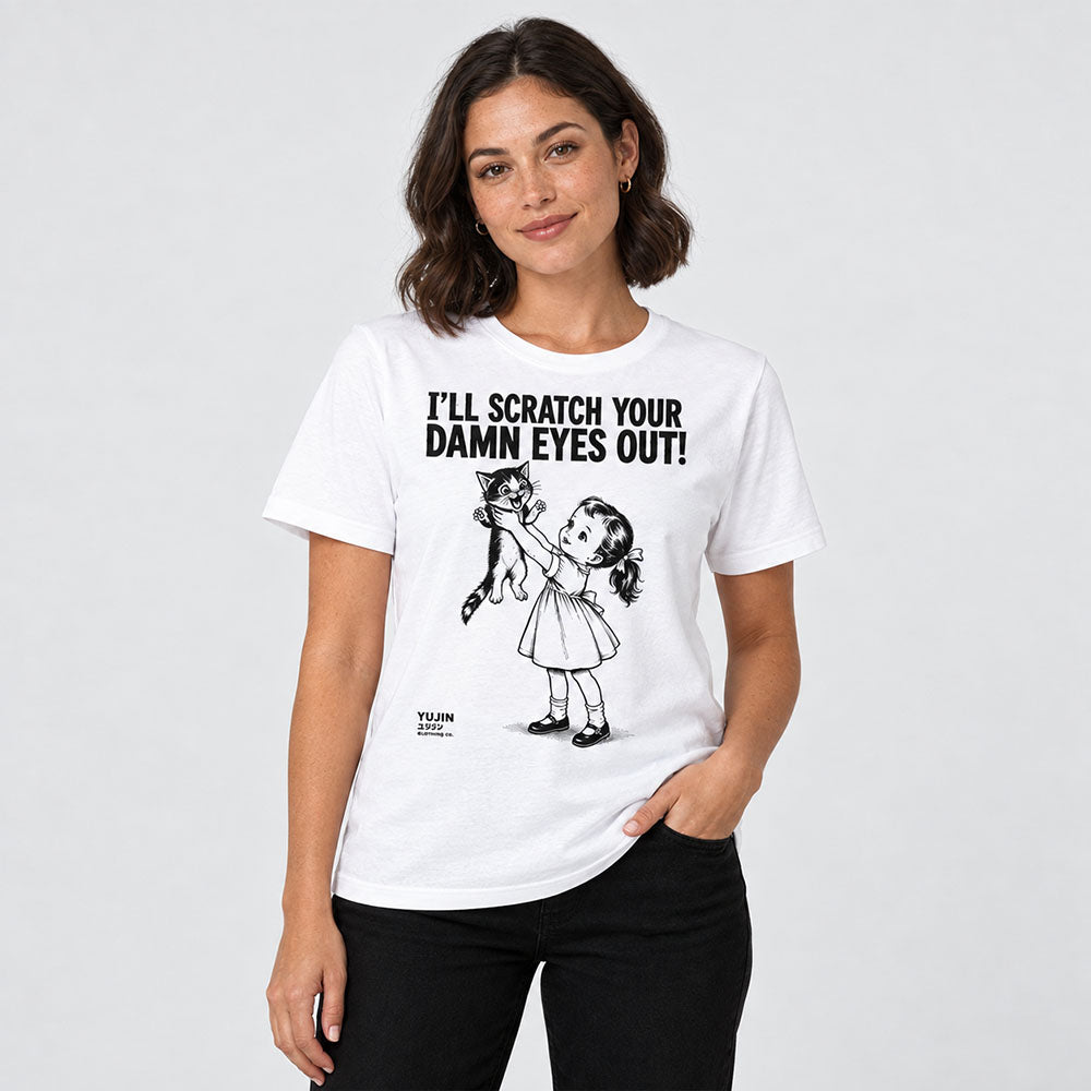 Scratch Your Eyes Out Cat T-Shirt — white, female lifestyle