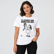 Scratch Your Eyes Out Cat T-Shirt — white, female lifestyle