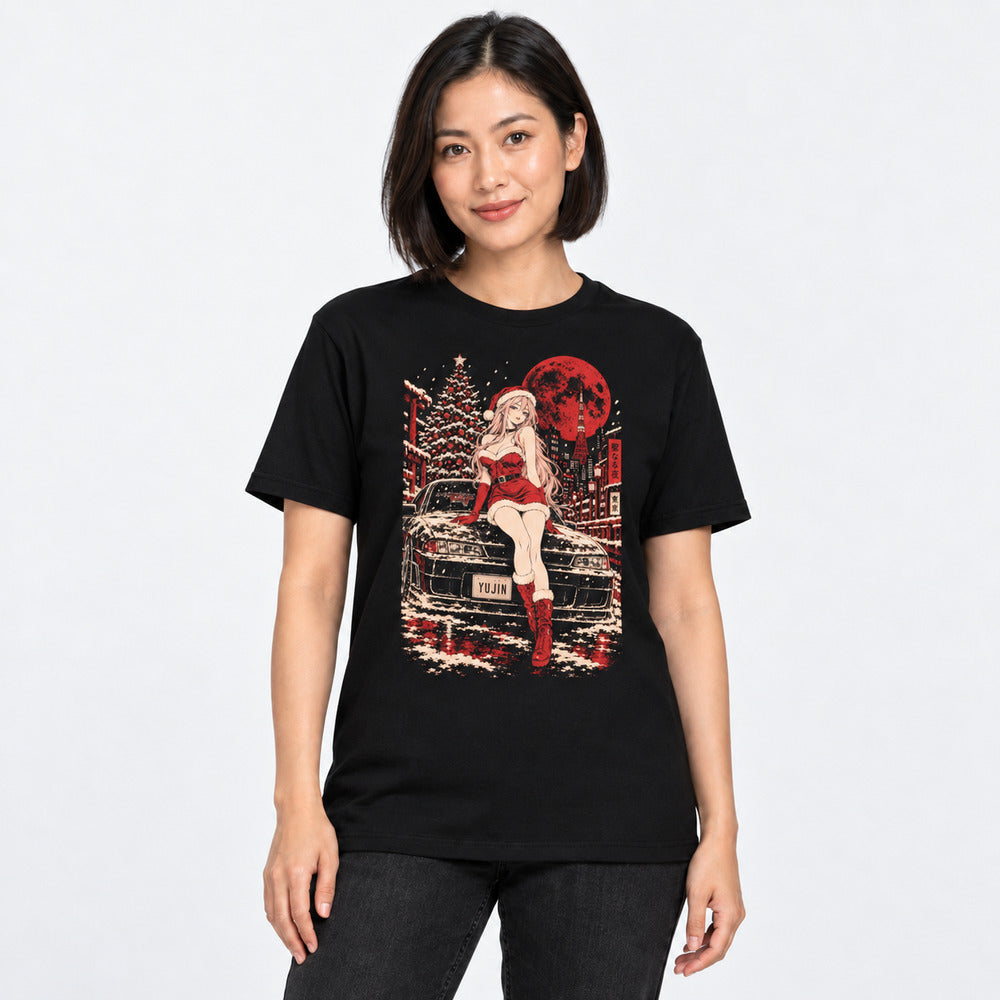 Female model wearing Tokyo Snowfall Car T-Shirt in Black