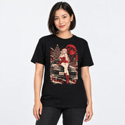 Female model wearing Tokyo Snowfall Car T-Shirt in Black
