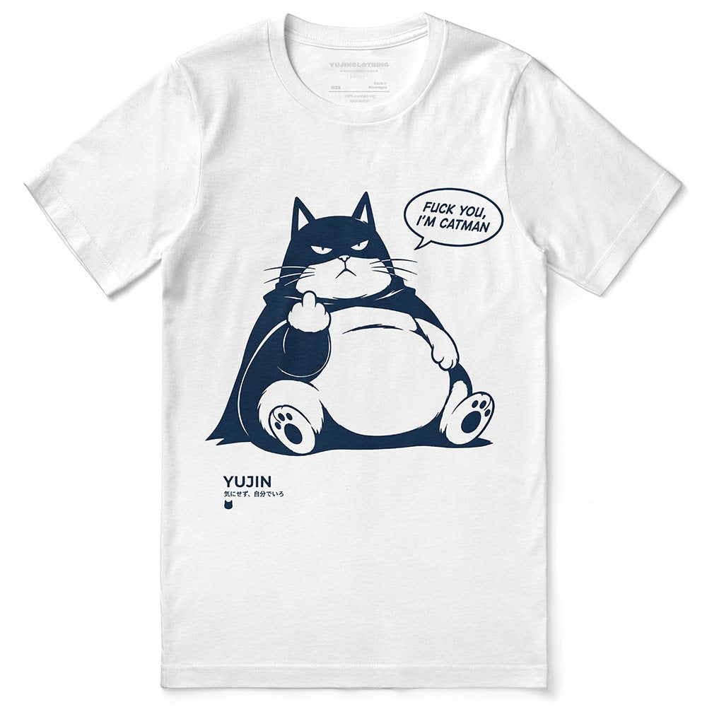 Unbothered Catman Cat T-Shirt — White Flat Lay