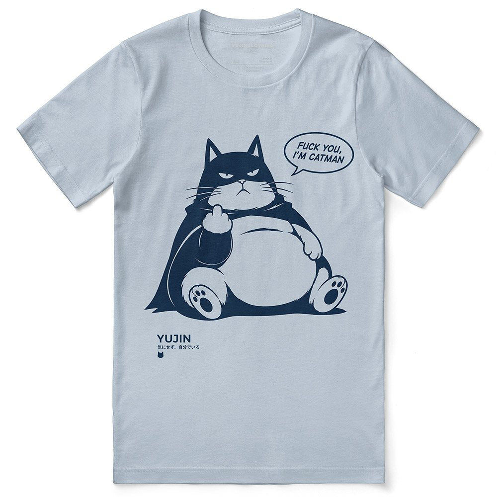 Unbothered Catman Cat T-Shirt — Light Blue Flat Lay