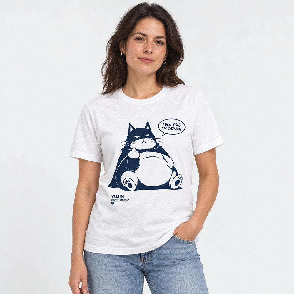 Unbothered Catman Cat T-Shirt — approved female model wearing white graphic T-shirt