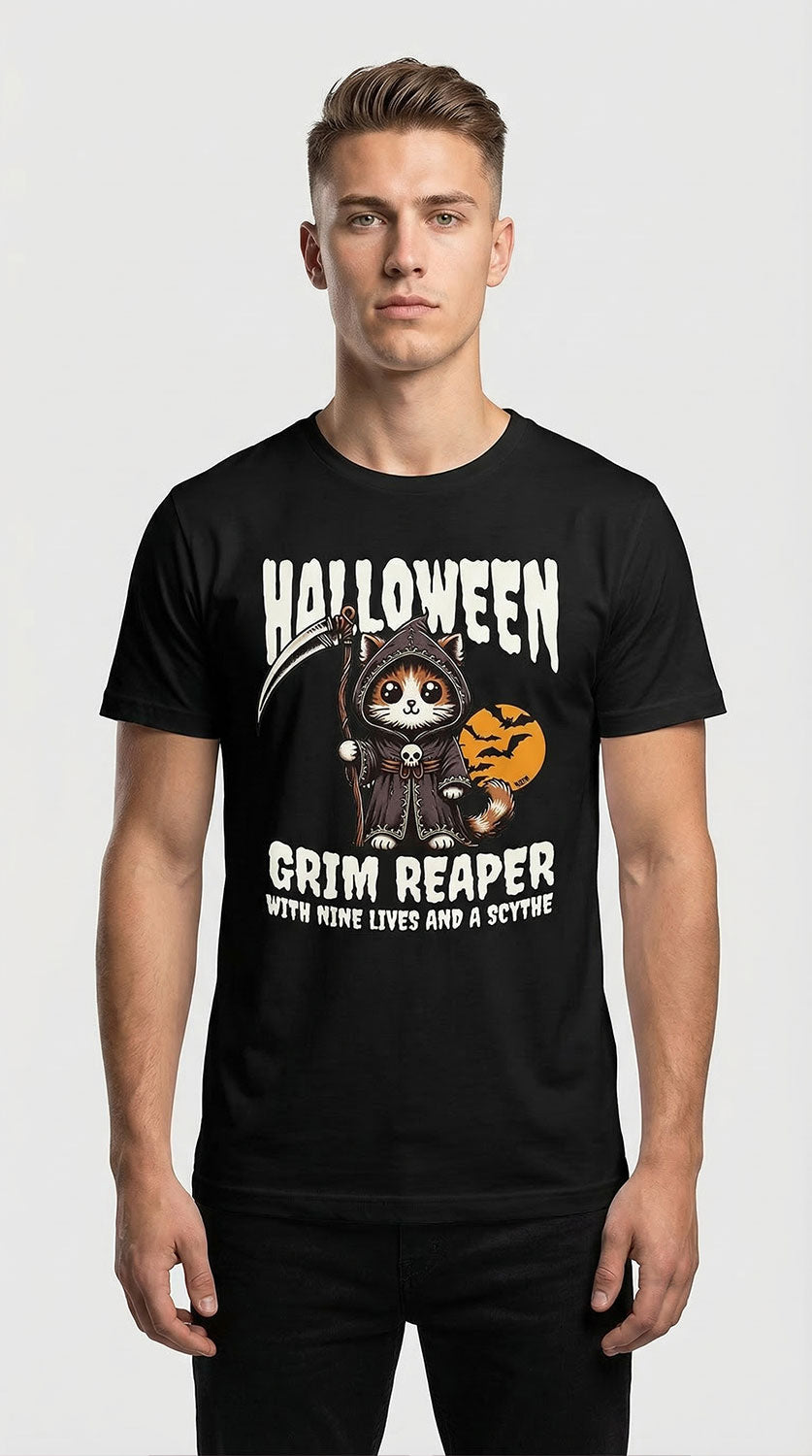 Grim Reaper Halloween Cat T-Shirt