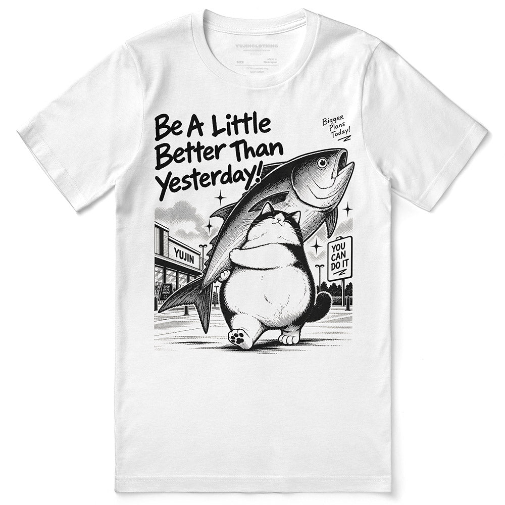 Bigger Plans Cat T-Shirt in White, full front flat lay