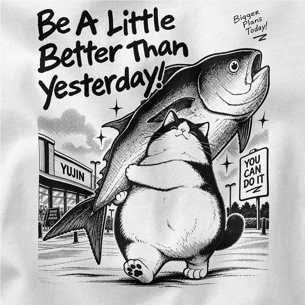 Closeup of Bigger Plans cat carrying a fish artwork on a White T-shirt