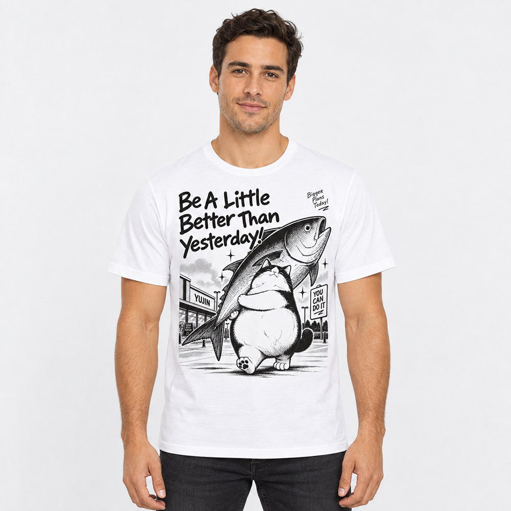 Male model wearing Bigger Plans Cat T-Shirt in White