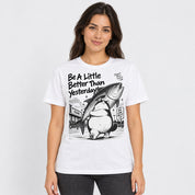 Female model wearing Bigger Plans Cat T-Shirt in White