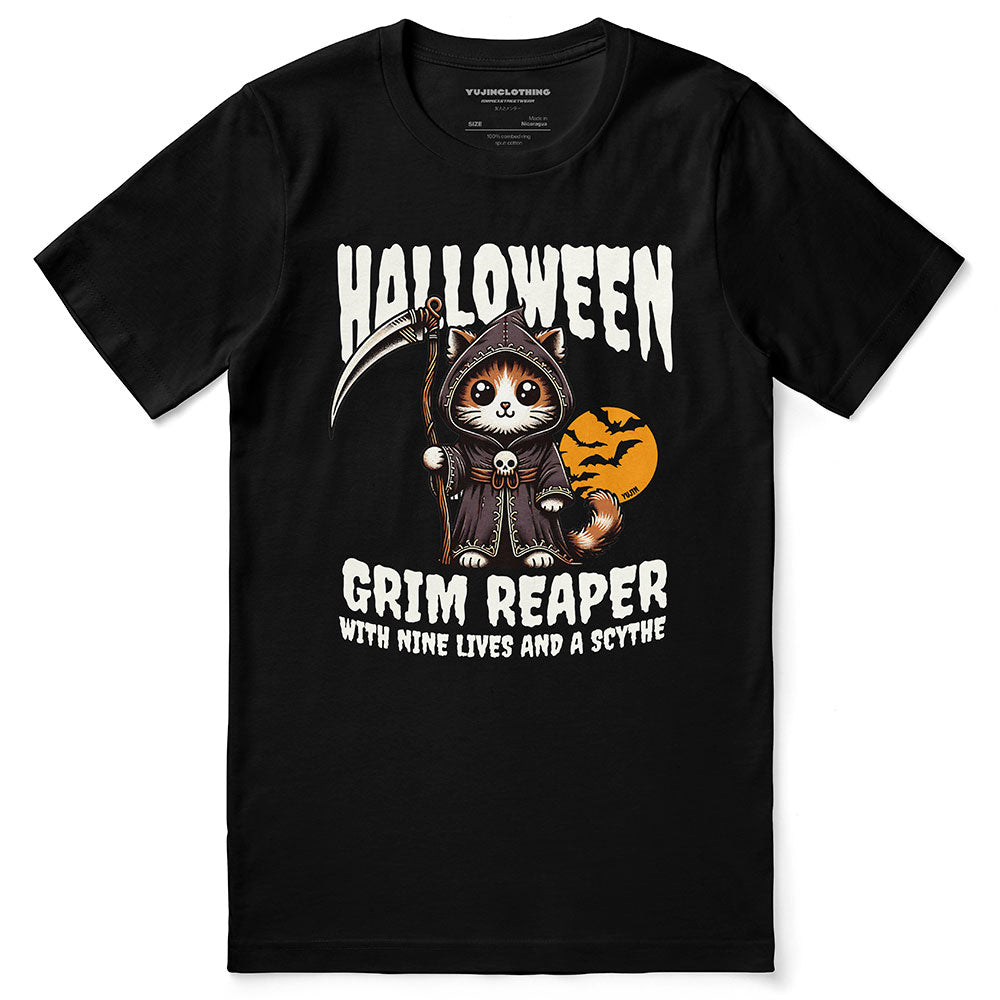 Grim Reaper Halloween Cat T-Shirt | Yūjin Japanese Anime Streetwear Clothing