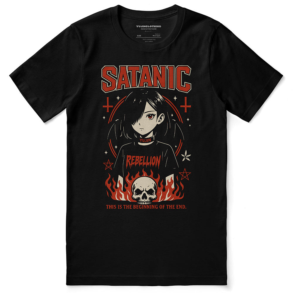 Black t-shirt with satanic-themed graphic design on a white background