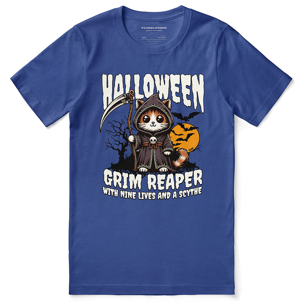 Grim Reaper Halloween Cat T-Shirt | Yūjin Japanese Anime Streetwear Clothing