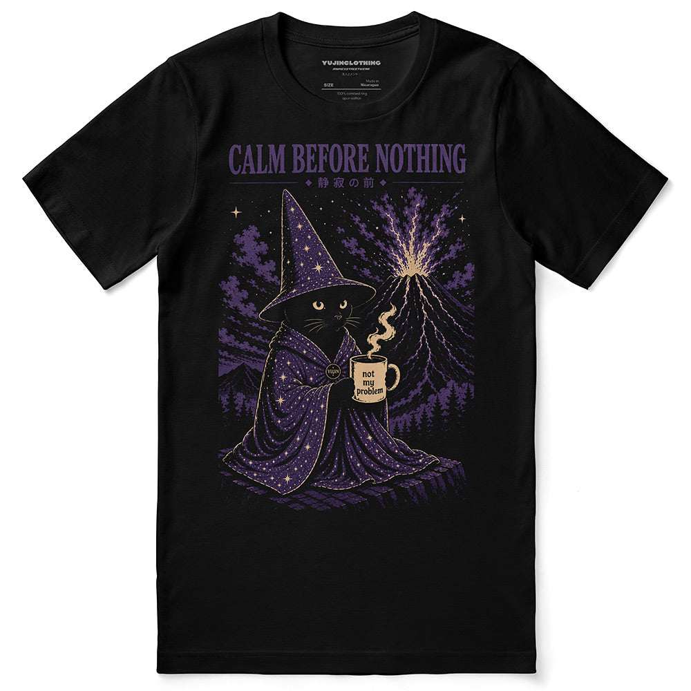 Calm Before Nothing Cat T-Shirt — black flat lay