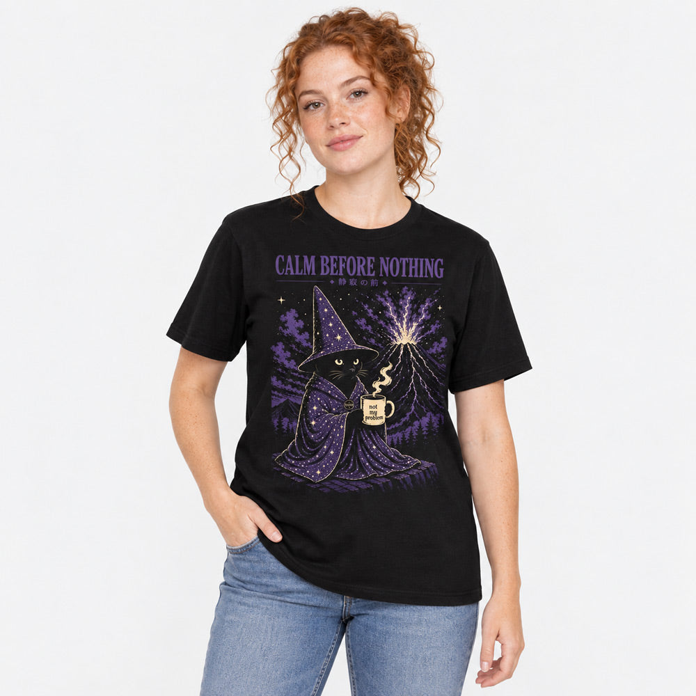 Calm Before Nothing Cat T-Shirt — female lifestyle