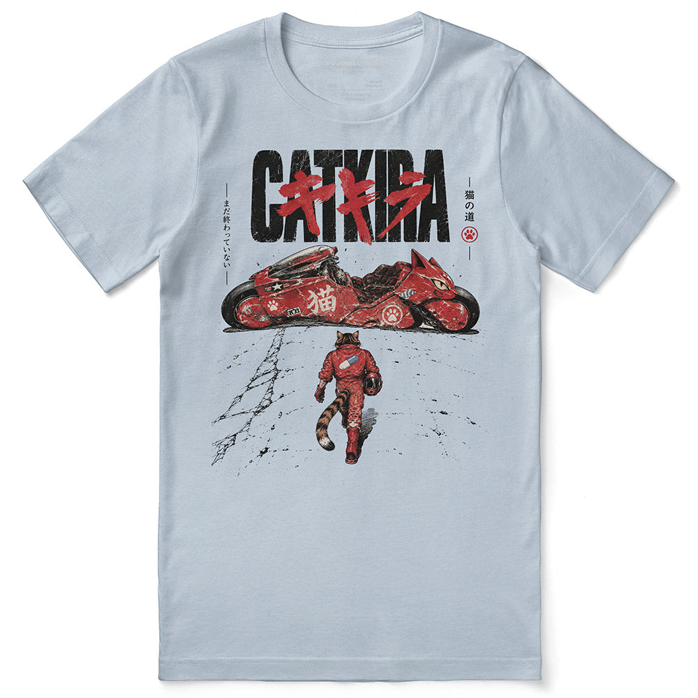 Catkira Nine Lives One Road Cat T-Shirt — Light Blue flat lay