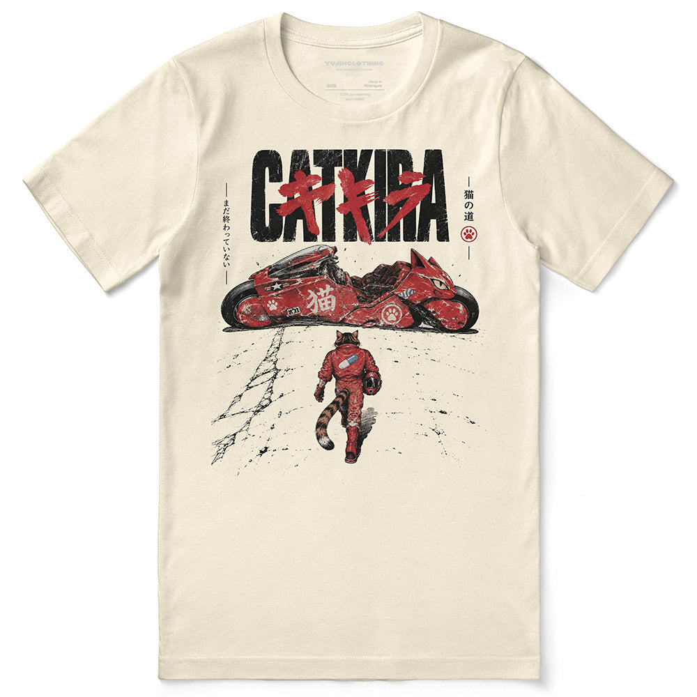Catkira Nine Lives One Road Cat T-Shirt — Natural flat lay