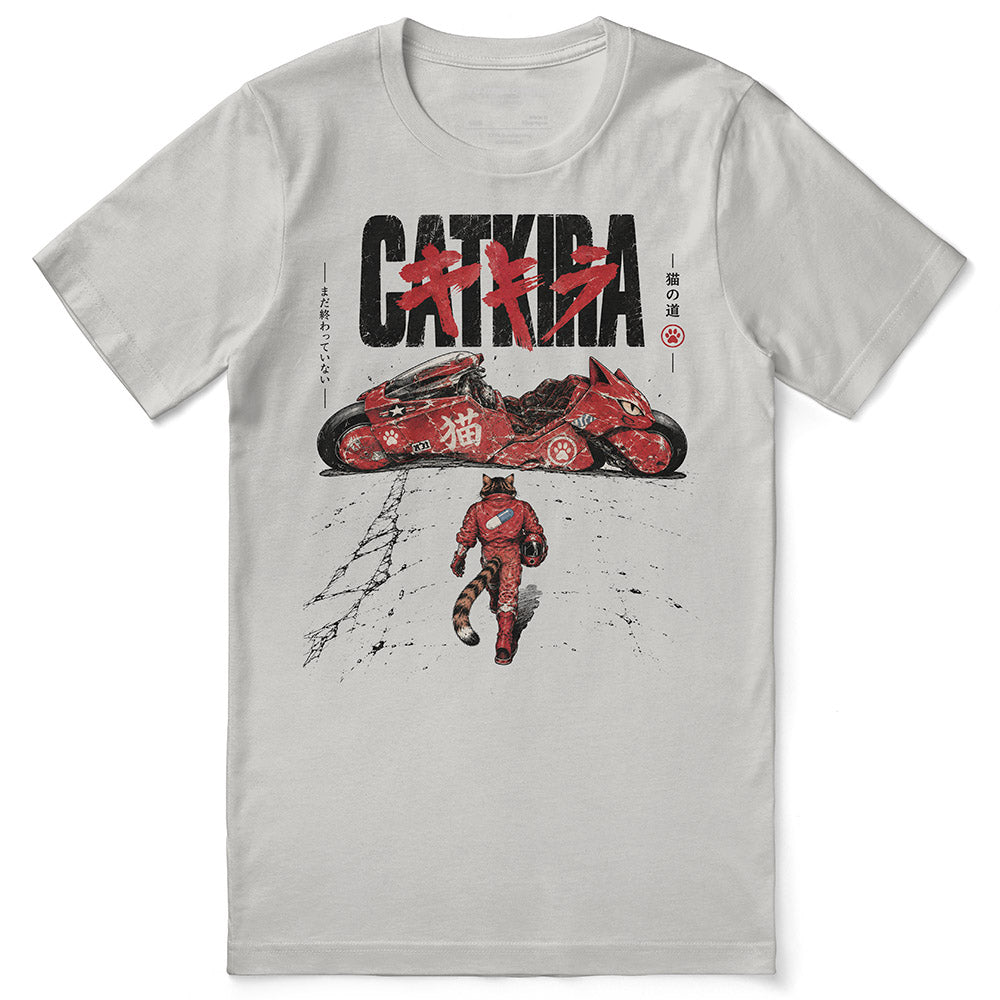 Catkira Nine Lives One Road Cat T-Shirt — Silver flat lay