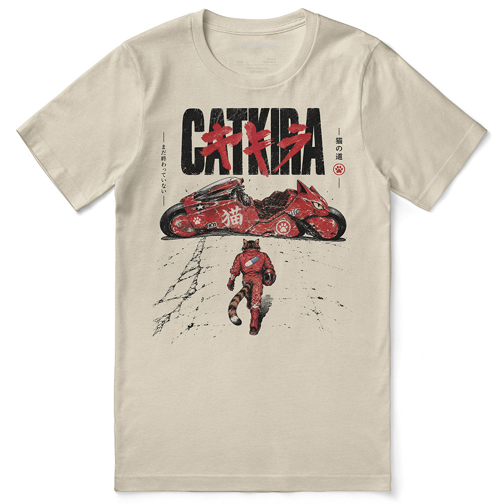Catkira Nine Lives One Road Cat T-Shirt — Soft Cream flat lay
