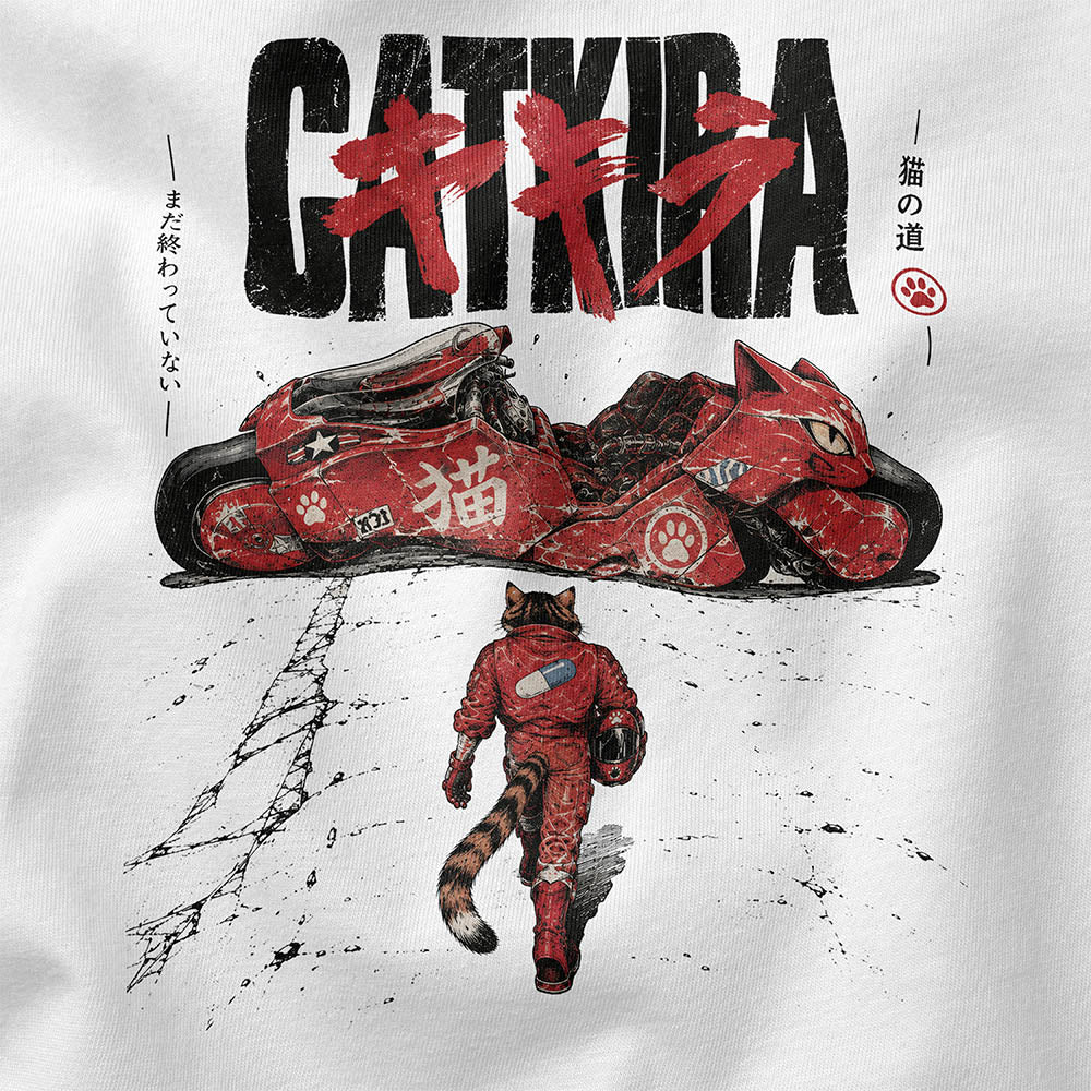 Catkira Nine Lives One Road Cat T-Shirt — White PSD closeup