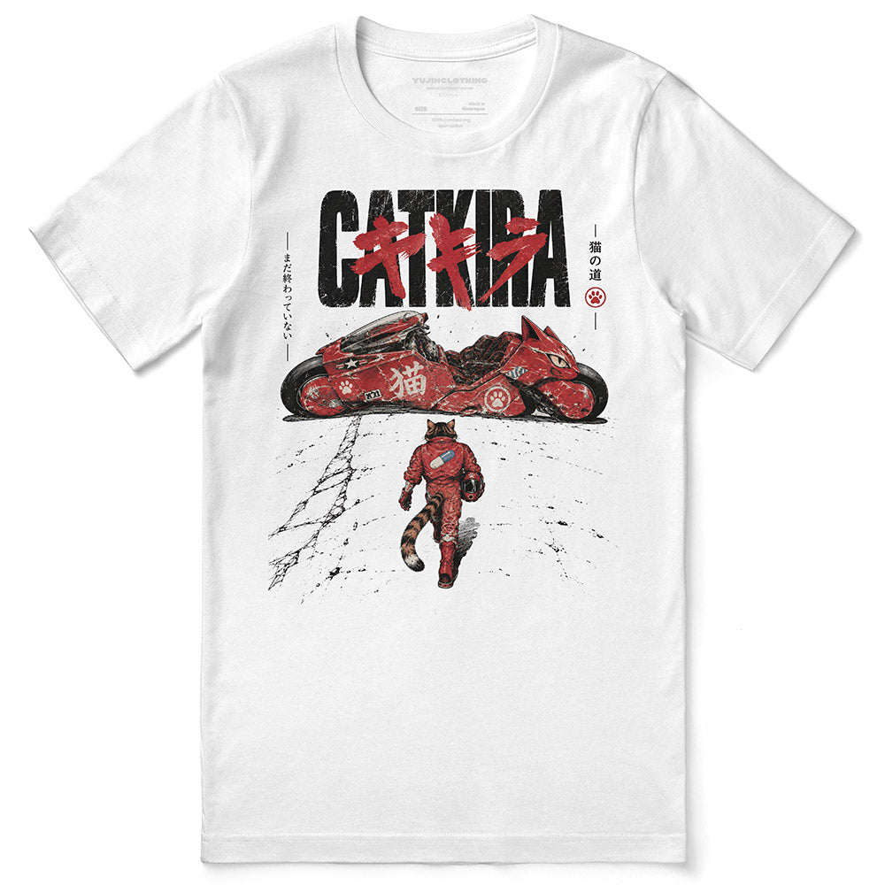 Catkira Nine Lives One Road Cat T-Shirt — White flat lay