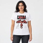 Catkira Nine Lives One Road Cat T-Shirt — White female lifestyle