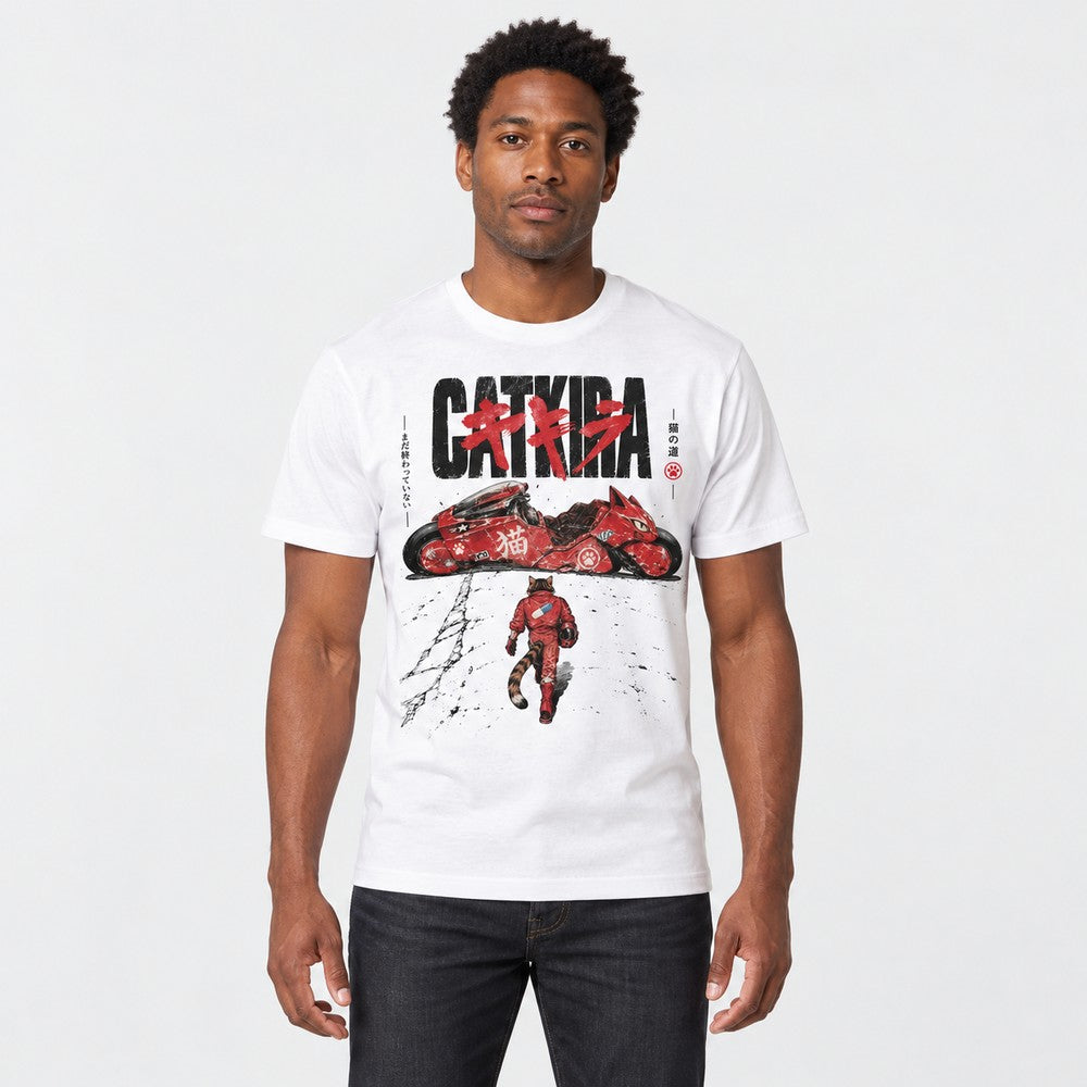 Catkira Nine Lives One Road Cat T-Shirt — White male lifestyle
