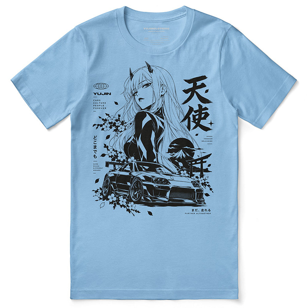 Celestial Driver Car T-Shirt in ocean blue — Printful-calibrated front flatlay