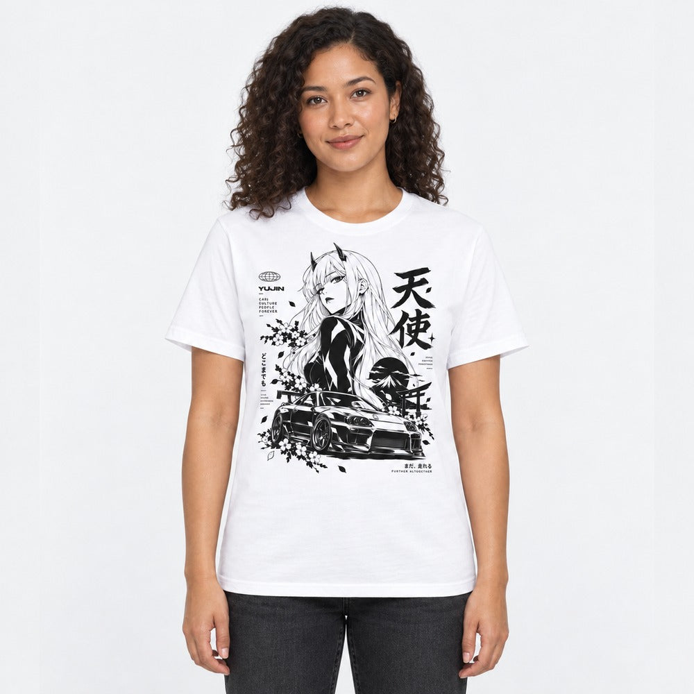 Celestial Driver Car T-Shirt in white — female lifestyle