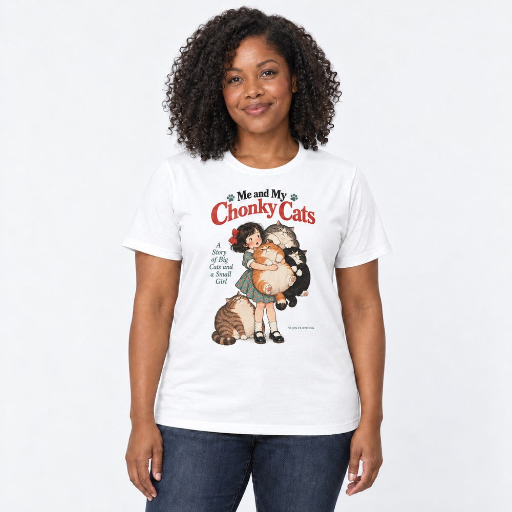 Female model wearing Chonky Cuddles Cat T-Shirt in White