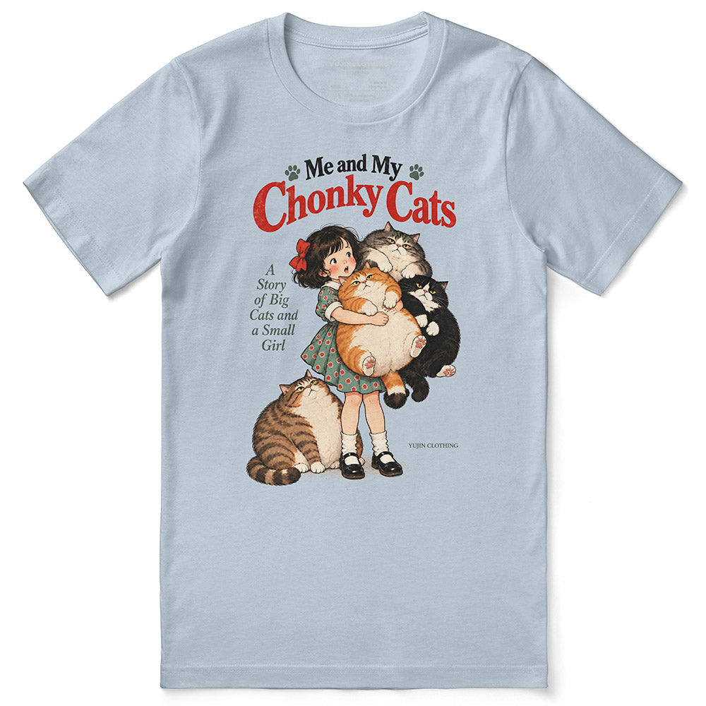 Chonky Cuddles Cat T-Shirt in Light Blue - front flat lay