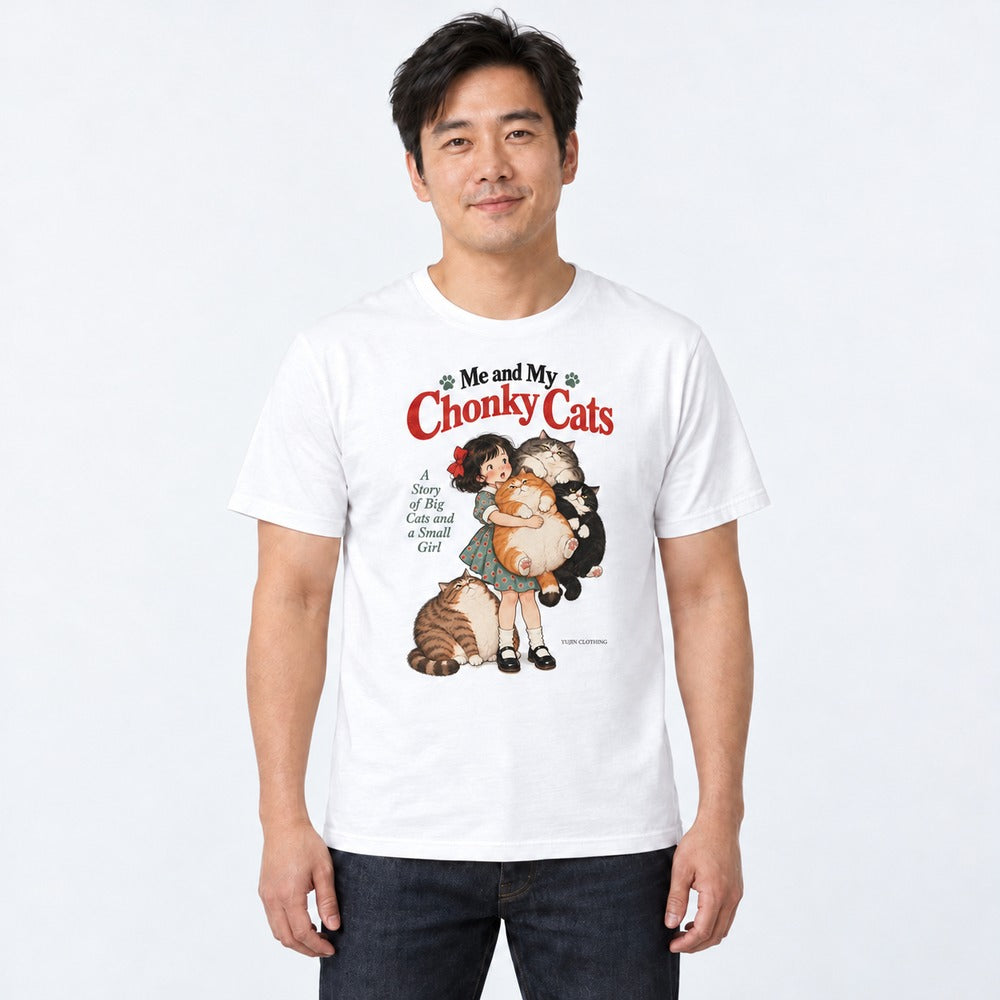 Male model wearing Chonky Cuddles Cat T-Shirt in White