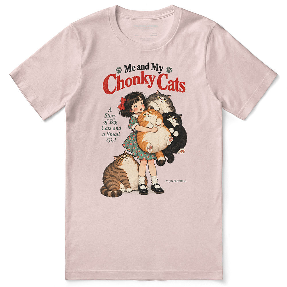 Chonky Cuddles Cat T-Shirt in Soft Pink - front flat lay