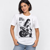 Choose Tomorrow Motorcycle T-Shirt — female model wearing white