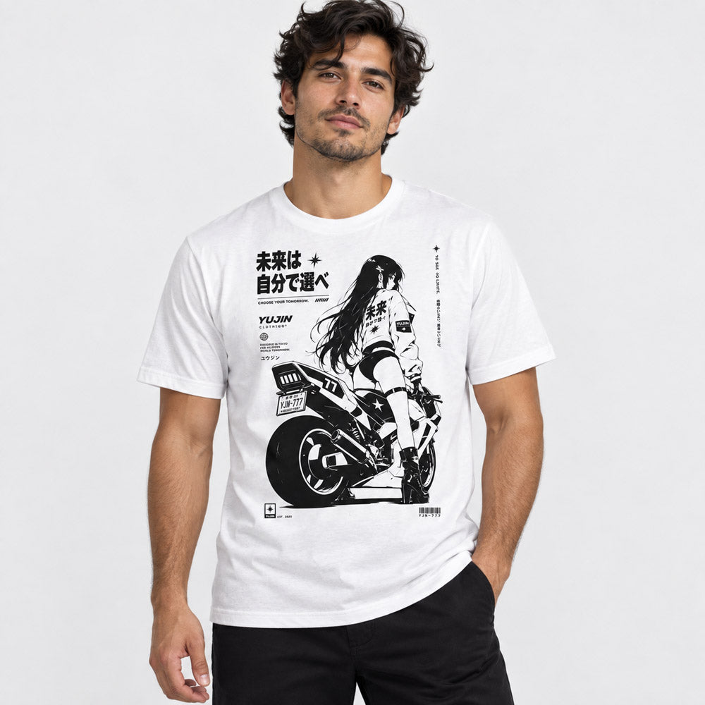 Choose Tomorrow Motorcycle T-Shirt — male model wearing white