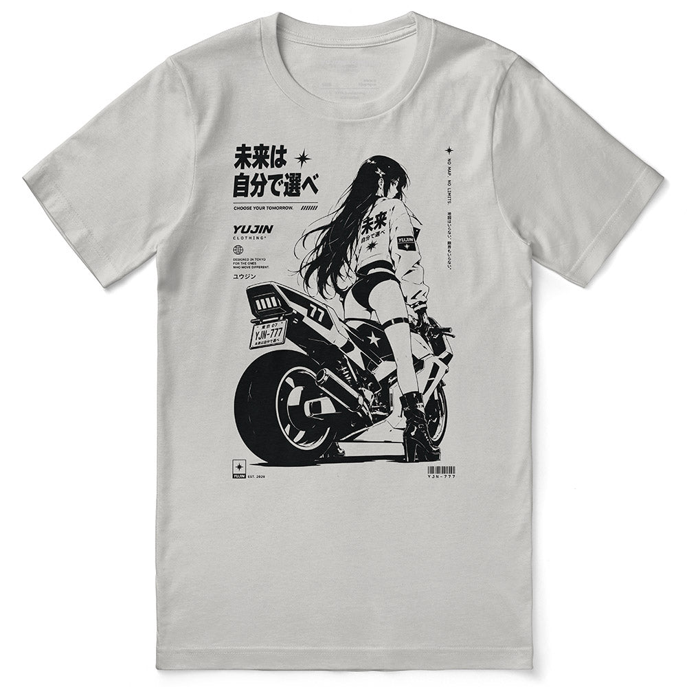 Choose Tomorrow Motorcycle T-Shirt — silver flat lay