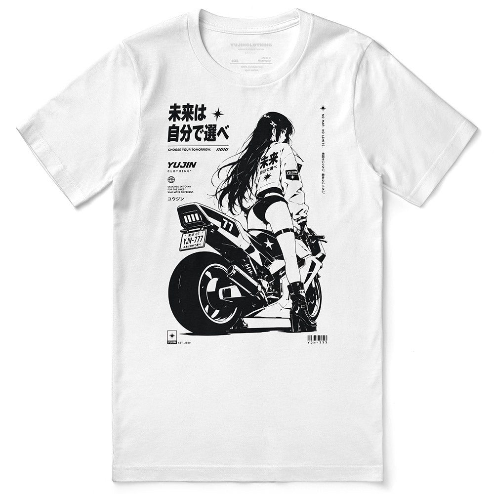Choose Tomorrow Motorcycle T-Shirt — white flat lay