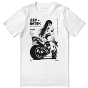 Choose Tomorrow Motorcycle T-Shirt — white flat lay