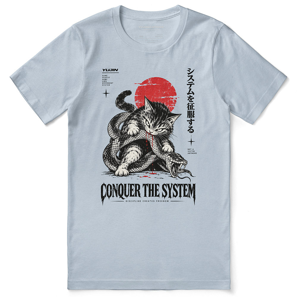 Conquer the System Cat T-Shirt — Light Blue flat lay