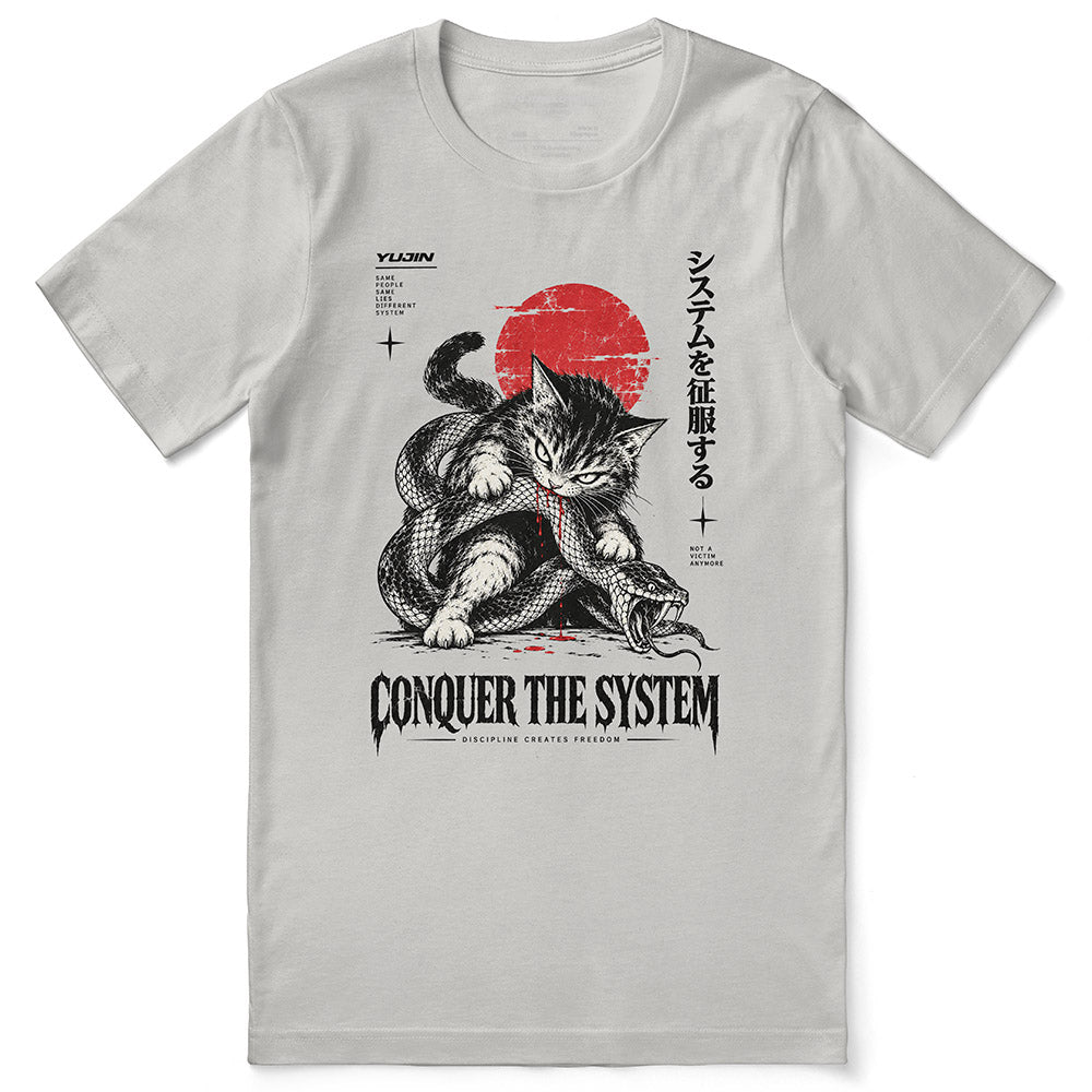Conquer the System Cat T-Shirt — Silver flat lay
