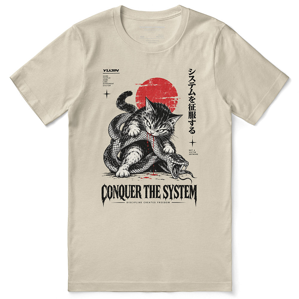 Conquer the System Cat T-Shirt — Soft Cream flat lay