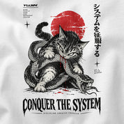 Conquer the System Cat T-Shirt — White PSD closeup