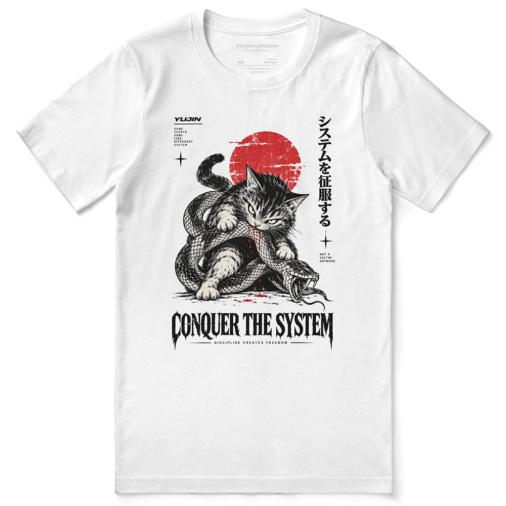 Conquer the System Cat T-Shirt — White flat lay