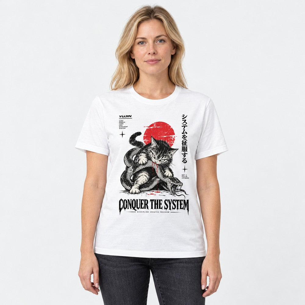 Conquer the System Cat T-Shirt — White female lifestyle
