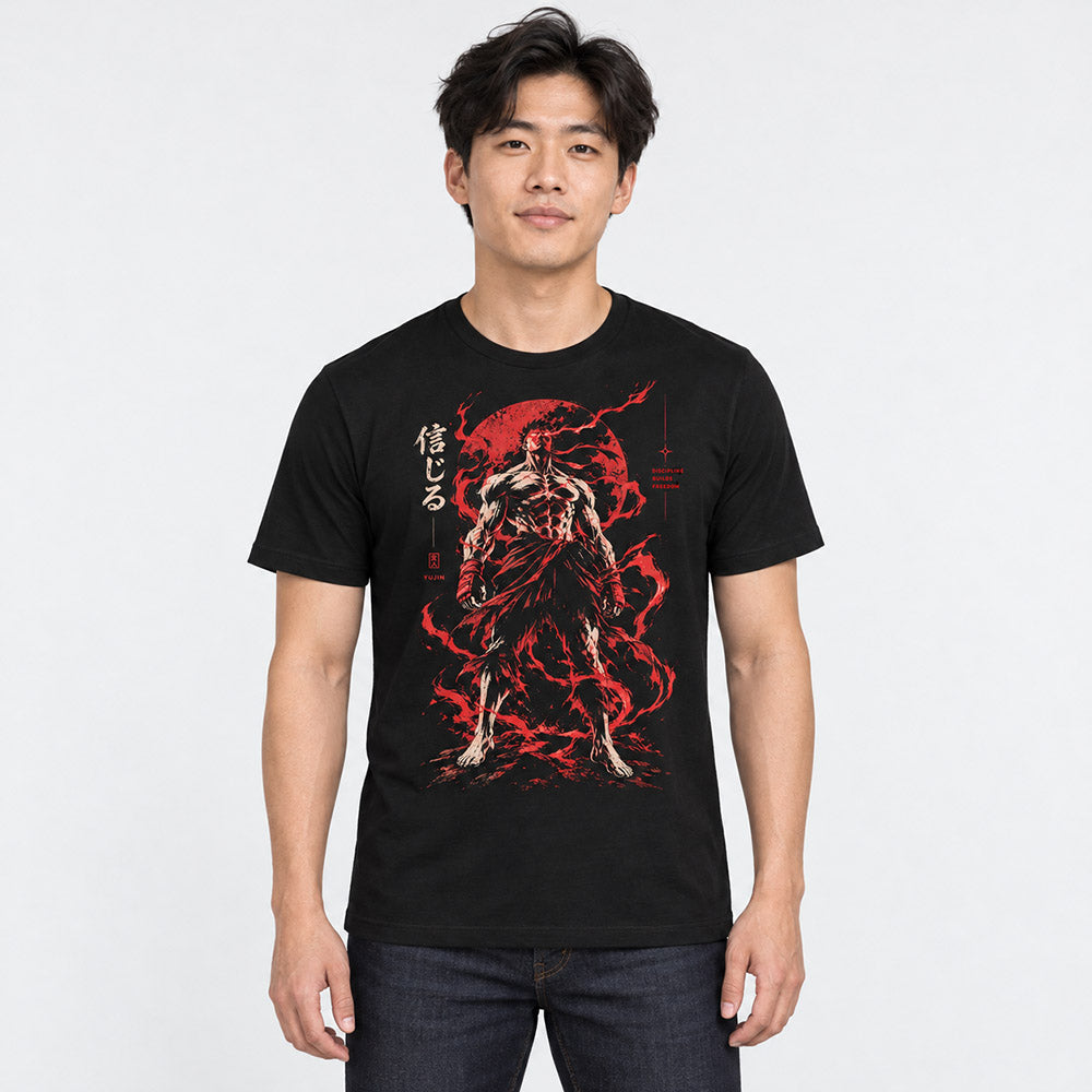 Discipline Unleashed Warrior T-Shirt — male model in Black, corrected original slogan