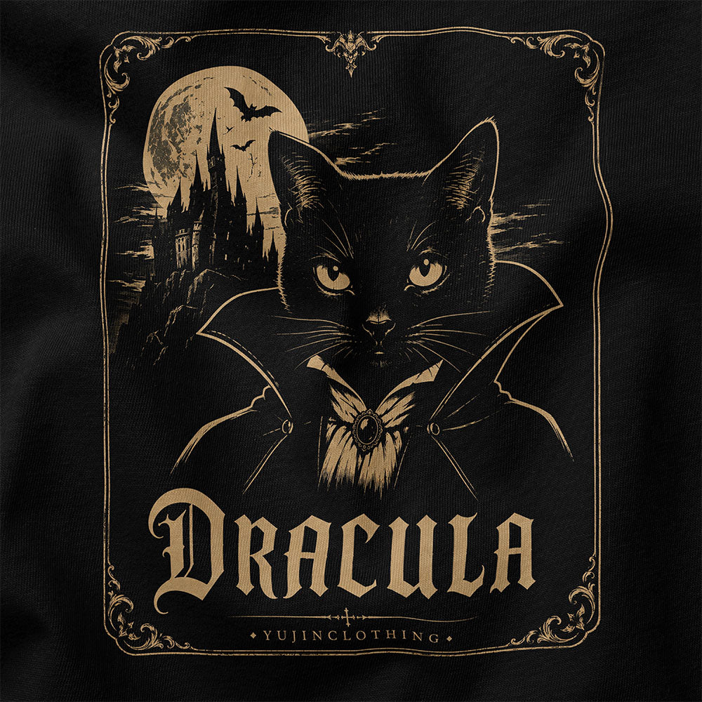Dracula Cat T-Shirt in Black — gothic cat artwork closeup