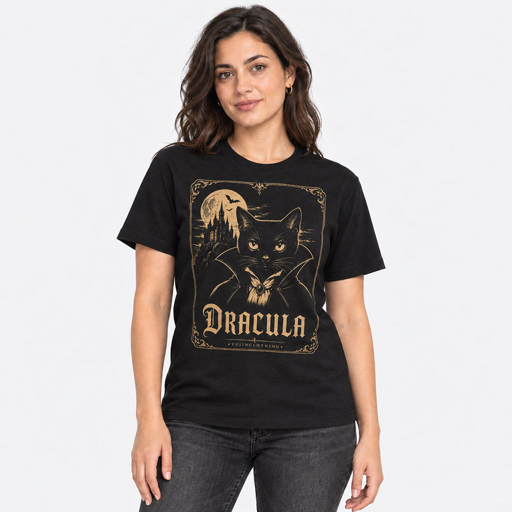 Dracula Cat T-Shirt in Black — female model front view