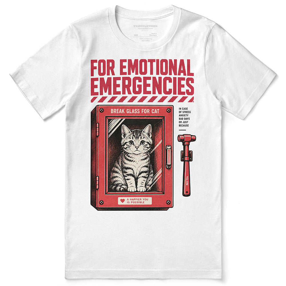 For Emotional Emergencies Cat T-Shirt — white front flat lay