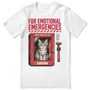 For Emotional Emergencies Cat T-Shirt — white front flat lay