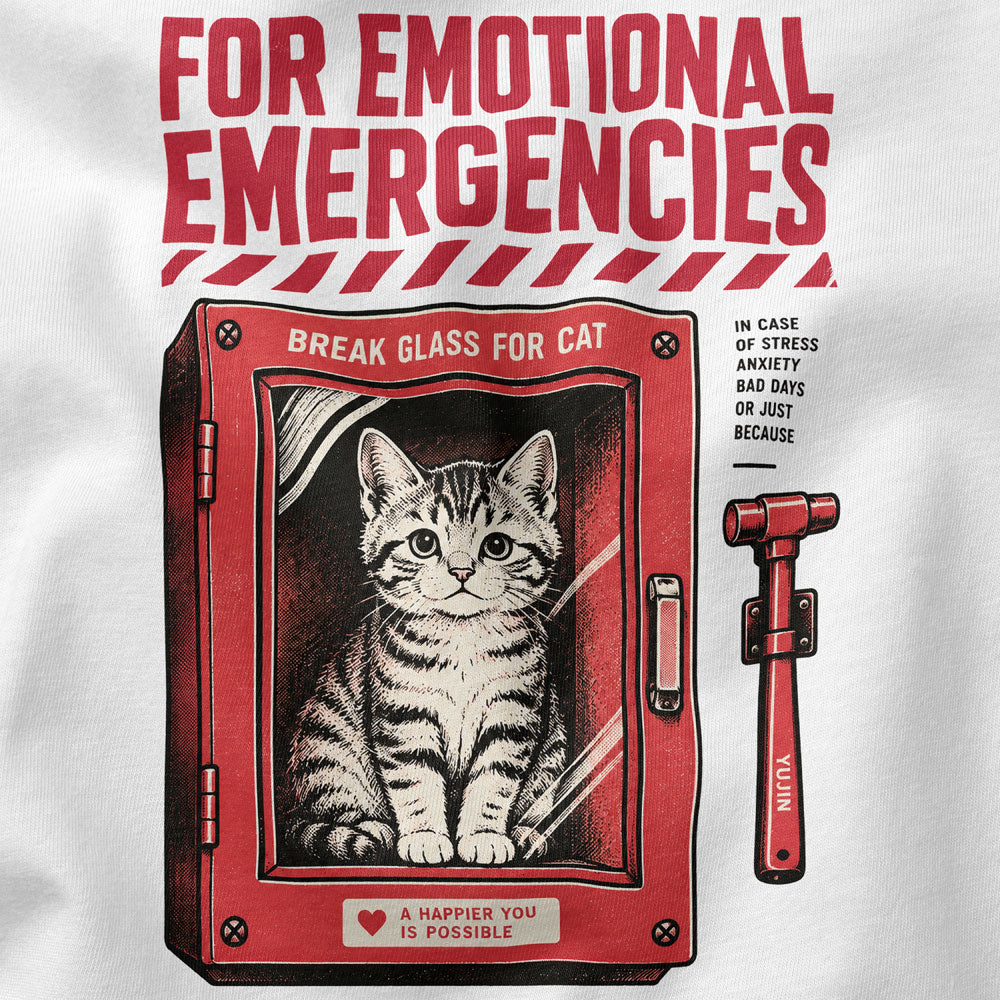 For Emotional Emergencies Cat T-Shirt — white closeup